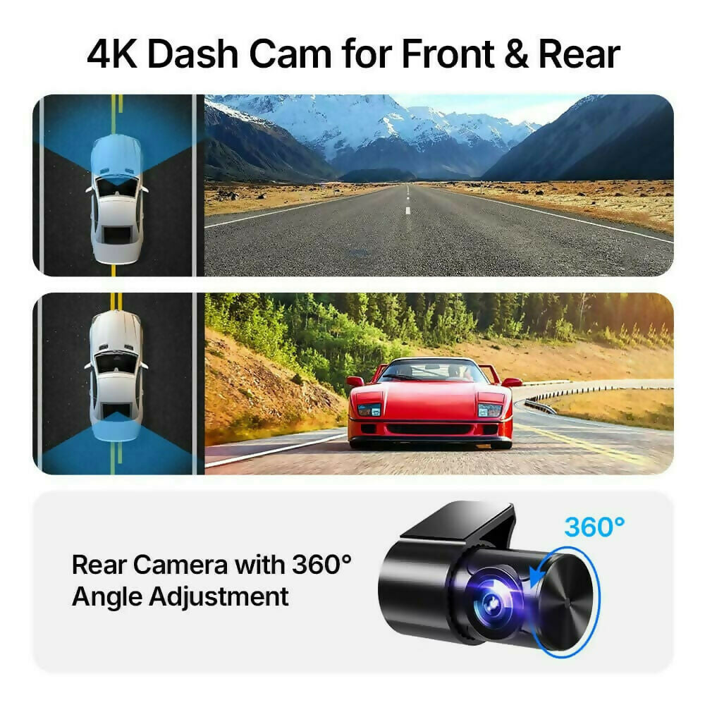 4K Dash Cam Pro – Ultra HD recording with front/rear cameras, night vision, and 24/7 monitoring