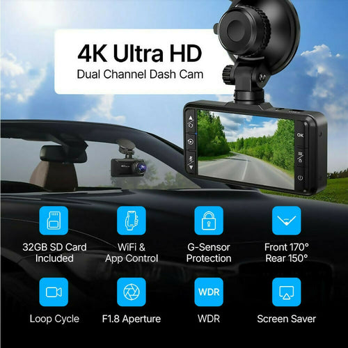 4K Dash Cam Pro – Ultra HD recording with front/rear cameras, night vision, and 24/7 monitoring