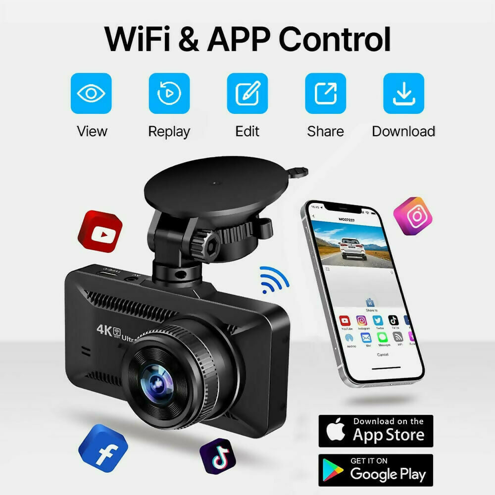 4K Dash Cam Pro – Ultra HD recording with front/rear cameras, night vision, and 24/7 monitoring